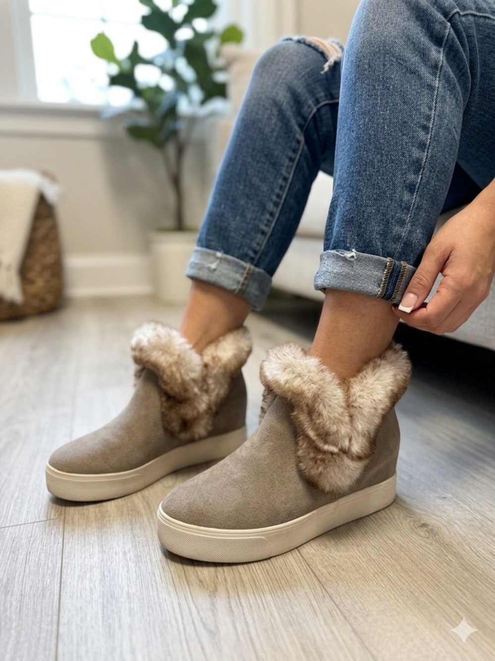 Women’s Faux Fur Trim Slip-On Ankle Boot - Tan